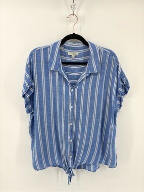 JACHS Girlfriend Blue and White Striped Linen-Blend Shirt
